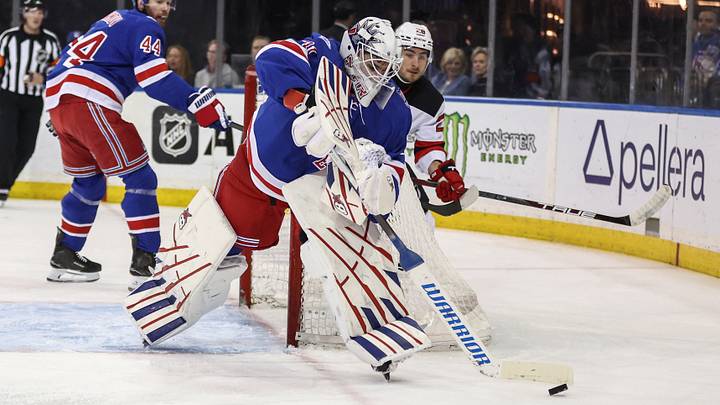 Mar 31, 2026; New York, New York, USA;  New York Rangers goaltender Igor Shesterkin (31) deflects the puck in the first period against the New Jersey Devils at Madison Square Garden. Mandatory Credit: Wendell Cruz-Imagn Images