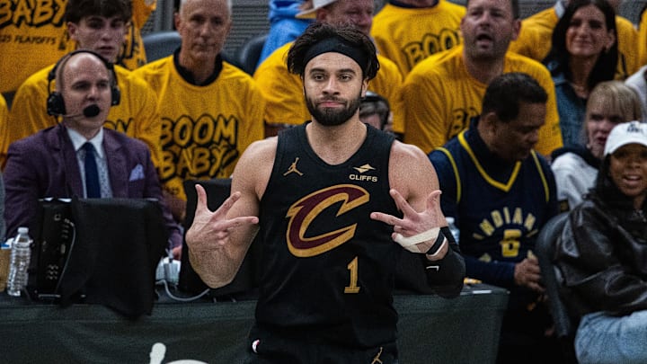 May 9, 2025; Indianapolis, Indiana, USA; Cleveland Cavaliers guard Max Strus (1) celebrates a made basket  during game three of the second round for the 2025 NBA Playoffs against the Indiana Pacers at Gainbridge Fieldhouse. Mandatory Credit: Trevor Ruszkowski-Imagn Images