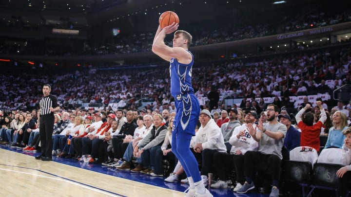 Feb 25, 2024; New York, New York, USA; Creighton Bluejays guard Baylor Scheierman (55) takes a three-point shot in the first half against the St. John's Red Storm at Madison Square Garden. Mandatory Credit: Wendell Cruz-USA TODAY Sports Feb 25, 2024; New York, New York, USA; Creighton Bluejays guard Baylor Scheierman (55) takes a three-point shot in the first half against the St. John's Red Storm at Madison Square Garden. Mandatory Credit: Wendell Cruz-USA TODAY Sports