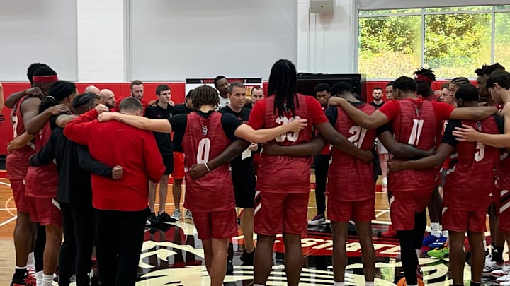 Will Wade and the N.C. State men's basketball team on Monday, Sept. 22, 2025, during the first official day of practice inside the Dail Basketball Center.