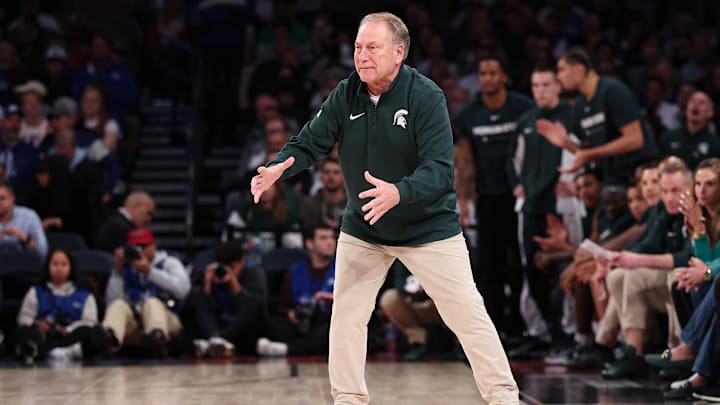 Nov 18, 2025; New York, New York, USA; Michigan State Spartans head coach Tom Izzo reacts during the second half against the Kentucky Wildcats at Madison Square Garden. Mandatory Credit: Vincent Carchietta-Imagn Images
