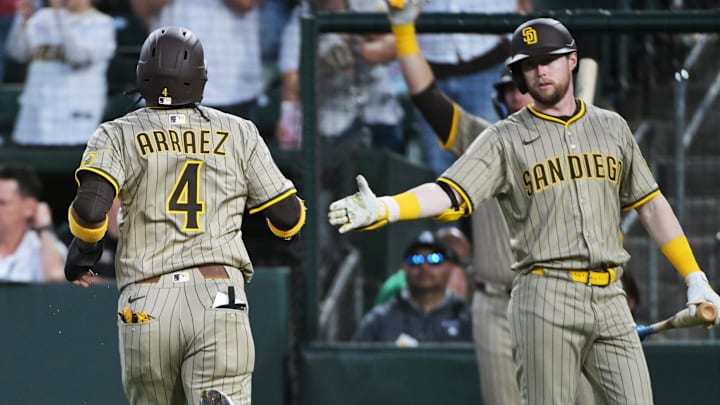 Apr 7, 2025; West Sacramento, California, USA; San Diego Padres first base Luis Arraez (4) celebrates with outfield Gavin Sheets (30) after scoring against the Athletics during the third inning at Sutter Health Park. Mandatory Credit: Ed Szczepanski-Imagn Images Apr 7, 2025; West Sacramento, California, USA; San Diego Padres first base Luis Arraez (4) celebrates with outfield Gavin Sheets (30) after scoring against the Athletics during the third inning at Sutter Health Park. Mandatory Credit: Ed Szczepanski-Imagn Images