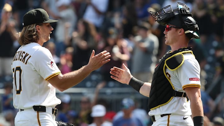 Jun 29, 2025; Pittsburgh, Pennsylvania, USA; Pittsburgh Pirates relief pitcher Carmen Mlodzinski (50) and catcher Henry Davis (32) celebrate after a sweep of the New York Mets at PNC Park. Mandatory Credit: Charles LeClaire-Imagn Images Jun 29, 2025; Pittsburgh, Pennsylvania, USA; Pittsburgh Pirates relief pitcher Carmen Mlodzinski (50) and catcher Henry Davis (32) celebrate after a sweep of the New York Mets at PNC Park. Mandatory Credit: Charles LeClaire-Imagn Images