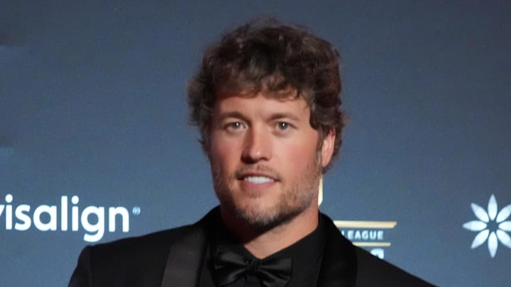 Feb 5, 2026; San Francisco, CA, USA; Los Angeles Rams quarterback Matthew Stafford posts with the NFL Honors most valuable player trophy at Palace of Fine Arts. Mandatory Credit: Kirby Lee-Imagn Images