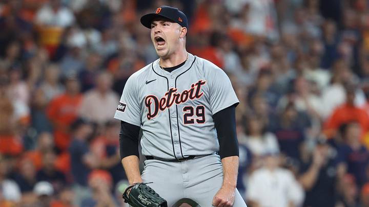 Oct 1, 2024; Houston, Texas, USA; Detroit Tigers pitcher Tarik Skubal (29) reacts after a strikeout against the Houston Astros in the sixth inning in game one of the Wild Card round for the 2024 MLB Playoffs at Minute Maid Park. Mandatory Credit: Troy Taormina-Imagn Images