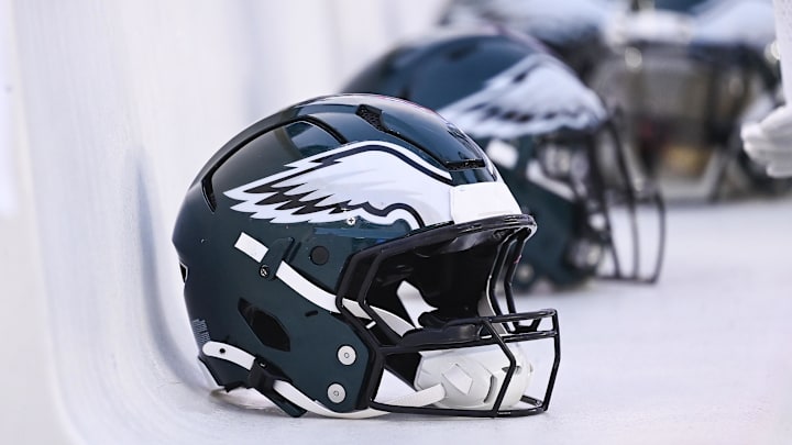 Aug 15, 2024; Foxborough, MA, USA; Philadelphia Eagles helmets sit on the bench during the first half against the New England Patriots at Gillette Stadium. Mandatory Credit: Eric Canha-Imagn Images
