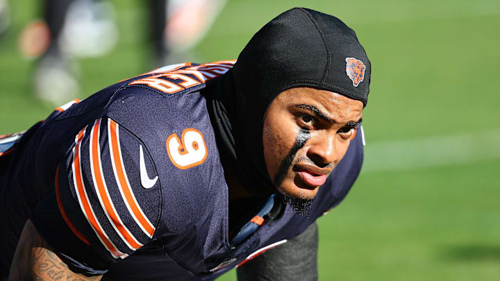 Nov 23, 2025; Chicago, Illinois, USA; Chicago Bears safety Jaquan Brisker (9) stretches before the game against the Pittsburgh Steelers at Soldier Field. Mandatory Credit: Mike Dinovo-Imagn Images