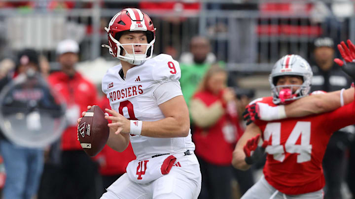 Indiana Hoosiers quarterback Kurtis Rourke (9) looks to throw during the first quarter against the Ohio State Buckeyes at Ohio Stadium.