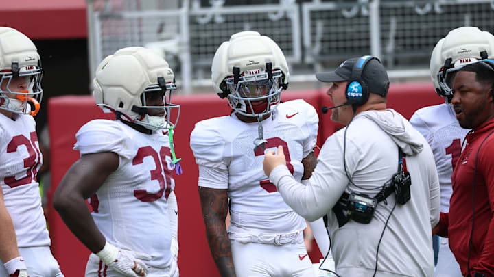 Alabama defensive coordinator talks to defense during first fall scrimmage