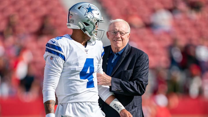 Dallas Cowboys quarterback Dak Prescott and owner Jerry Jones before the game against the San Francisco 49ers.