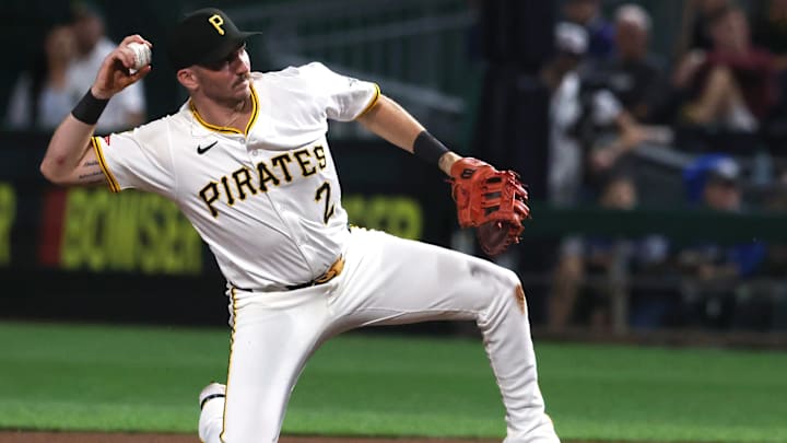 Sep 3, 2025; Pittsburgh, Pennsylvania, USA;  Pittsburgh Pirates first baseman Spencer Horwitz (2) throws to first base to record an out against Los Angeles Dodgers third baseman Enrique Hernandez (not pictured) during the seventh inning at PNC Park. Mandatory Credit: Charles LeClaire-Imagn Images