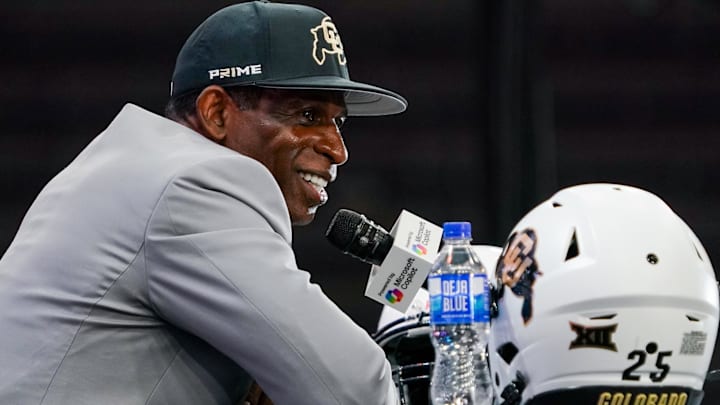 Jul 9, 2025; Frisco, TX, USA; Colorado head coach Deion Sanders speaks with the media during 2025 Big 12 Football Media Days at The Star. Mandatory Credit: Raymond Carlin III-Imagn Images Jul 9, 2025; Frisco, TX, USA; Colorado head coach Deion Sanders speaks with the media during 2025 Big 12 Football Media Days at The Star. Mandatory Credit: Raymond Carlin III-Imagn Images
