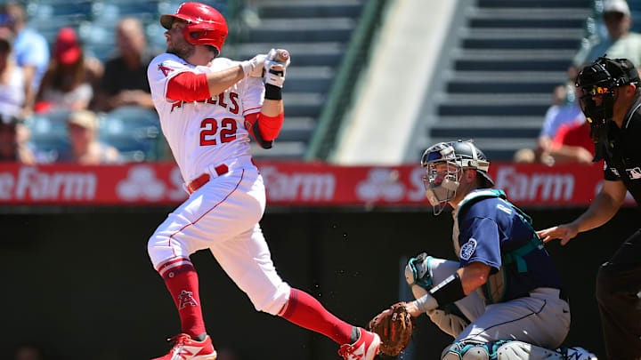 Aug 17, 2022; Anaheim, California, USA; Los Angeles Angels second baseman David Fletcher (22) hits