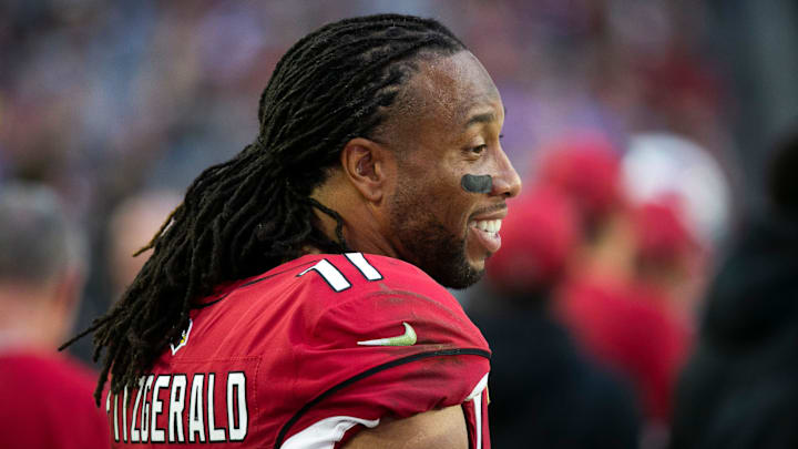 Cardinals wide receiver Larry Fitzgerald smiles during the third quarter of the NFL game against the Rams at State Farm Stadium in Glendale on Sunday, December 23, 2018.

Cardinals Rams