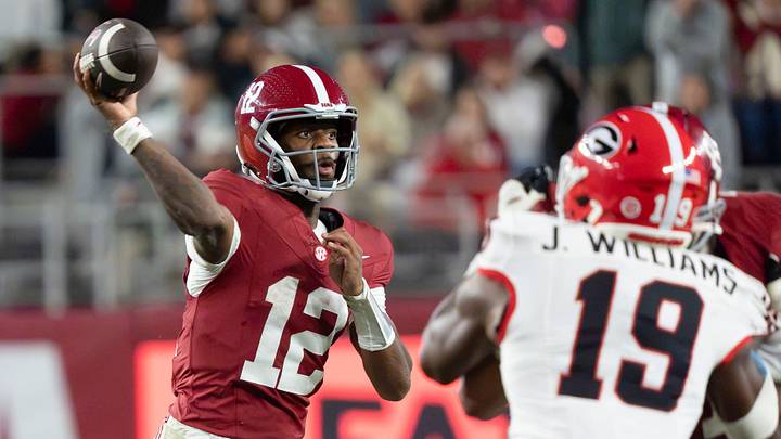 Oct 10, 2026; Tuscaloosa, Alabama, USA;  Alabama quarterback Keelon Russell (12) throws the ball against Georgia at Saban Field at Bryant-Denny Stadium. Mandatory Credit: Gary Cosby Jr.-Imagn Images