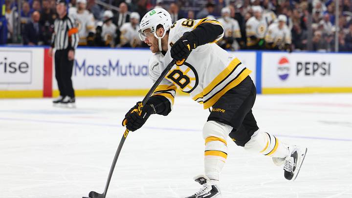 Apr 28, 2026; Buffalo, New York, USA; Boston Bruins right wing David Pastrnak (88) takes a shot on goal during the first period against the Buffalo Sabres in game five of the first round of the 2026 Stanley Cup Playoffs at KeyBank Center. Mandatory Credit: Timothy T. Ludwig-Imagn Images