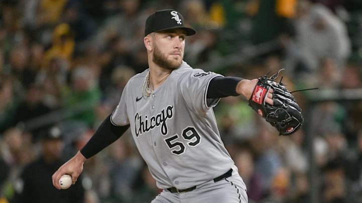 Chicago White Sox pitcher Sean Burke (59) throws against the Athletics at Sutter Health Park. Chicago White Sox pitcher Sean Burke (59) throws against the Athletics at Sutter Health Park.
