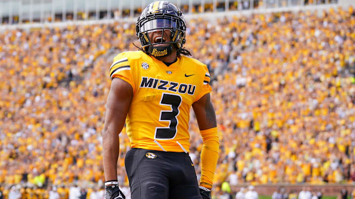 Sep 14, 2024; Columbia, Missouri, USA; Missouri Tigers wide receiver Luther Burden III (3) celebrates after scoring a touchdown against the Boston College Eagles during the first half at Faurot Field at Memorial Stadium. Mandatory Credit: Denny Medley-Imagn Images