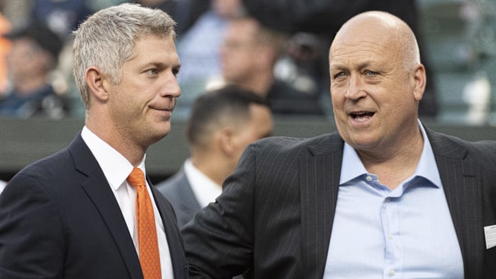 Apr 6, 2019; Baltimore, MD, USA; Baltimore Orioles general manager Mike Elias speaks with Cal Ripken prior to the start of the Frank Robinson ceremony at Oriole Park at Camden Yards. Apr 6, 2019; Baltimore, MD, USA; Baltimore Orioles general manager Mike Elias speaks with Cal Ripken prior to the start of the Frank Robinson ceremony at Oriole Park at Camden Yards.