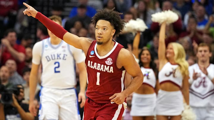 Mar 29, 2025; Newark, NJ, USA; Alabama Crimson Tide guard Mark Sears (1) celebrates after a play during the second half against the Duke Blue Devils in the East Regional final of the 2025 NCAA tournament at Prudential Center. Mandatory Credit: Robert Deutsch-Imagn Images