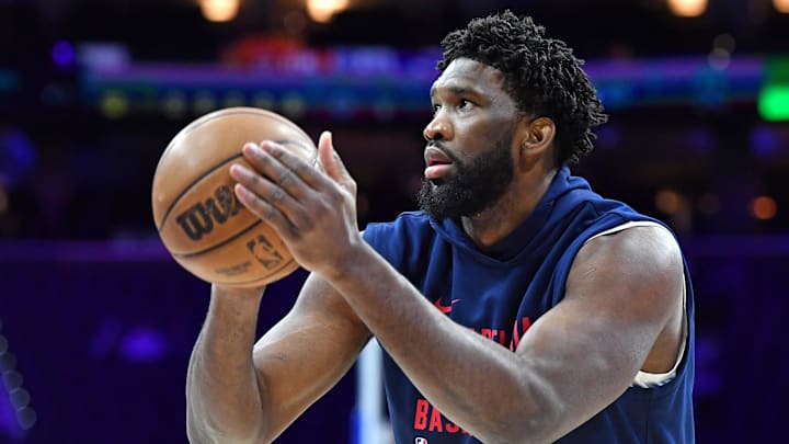 Dec 11, 2023; Philadelphia, Pennsylvania, USA; Philadelphia 76ers center Joel Embiid (21) against the Washington Wizards during warmups at Wells Fargo Center. Mandatory Credit: Eric Hartline-Imagn Images
