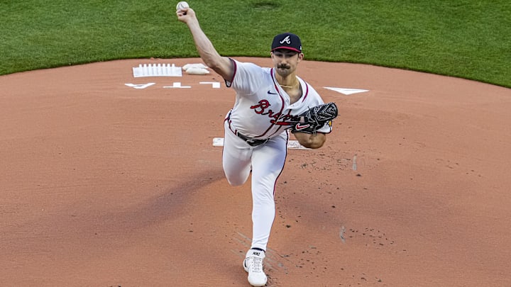 Apr 5, 2024; Cumberland, Georgia, USA; Atlanta Braves pitcher Spencer Strider (99) pitches against Apr 5, 2024; Cumberland, Georgia, USA; Atlanta Braves pitcher Spencer Strider (99) pitches against