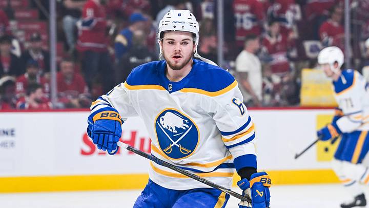 May 16, 2026; Montreal, Quebec, CAN; Buffalo Sabres left wing Zach Benson (6) looks on during warm-up before the game against the Montreal Canadiens in game six of the second round of the 2026 Stanley Cup Playoffs at Bell Centre. Mandatory Credit: David Kirouac-Imagn Images