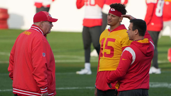Nov 3, 2023; Frankfurt, Germany; Kansas City Chiefs coach Andy Reid (left), quarterback Patrick Mahomes (15) and wide receivers coach Connor Embree during practice at DFB Campus. Mandatory Credit: Kirby Lee-Imagn Images