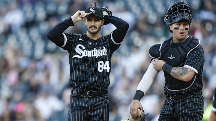 Aug 25, 2023; Chicago, Illinois, USA; Chicago White Sox starting pitcher Dylan Cease (84) and