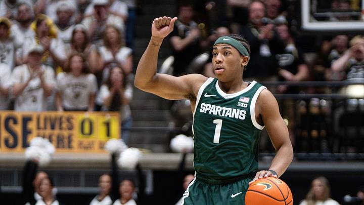 Feb 26, 2026; West Lafayette, Indiana, USA; Michigan State Spartans guard Jeremy Fears Jr. (1) calls a play during the first half of a game against the Purdue Boilermakers at Mackey Arena. Mandatory Credit: Jacob Musselman-Imagn Images