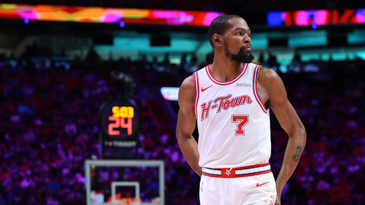 Feb 28, 2026; Miami, Florida, USA; Houston Rockets forward Kevin Durant (7) looks on against the Miami Heat during the first quarter at Kaseya Center. Mandatory Credit: Sam Navarro-Imagn Images