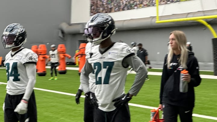 Eagles CB Quinyon Mitchell (27) goes through an indoor walkthrough practice leading up to a Week 4 game in Tampa vs. the Buccaneers. 