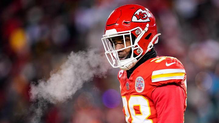 Jan 13, 2024; Kansas City, Missouri, USA; Kansas City Chiefs cornerback L'Jarius Sneed (38) reacts after a play during the first half of a 2024 AFC wild card game against the Miami Dolphins at GEHA Field at Arrowhead Stadium. Mandatory Credit: Jay Biggerstaff-Imagn Images