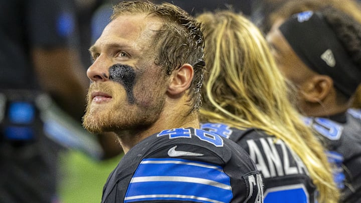Oct 20, 2025; Detroit, Michigan, USA; Detroit Lions linebacker Jack Campbell (46) sits on the bench against the Tampa Bay Buccaneers during the second half at Ford Field. Oct 20, 2025; Detroit, Michigan, USA; Detroit Lions linebacker Jack Campbell (46) sits on the bench against the Tampa Bay Buccaneers during the second half at Ford Field.