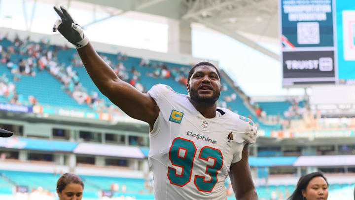 Miami Dolphins defensive tackle Calais Campbell (93) celebrates after the game against the Jacksonville Jaguars  at Hard Rock Stadium.