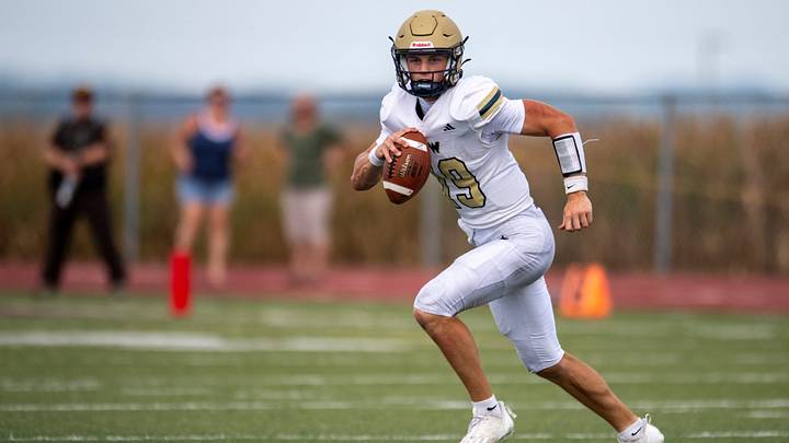 Tri-West's Jack Sorgi (19) looks to pass as the Reitz Panthers play the Tri-West Bruins at Gibson Southern High School Saturday, August 29, 2026.