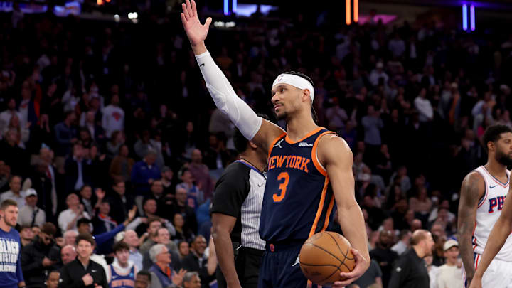 Feb 26, 2025; New York, New York, USA; New York Knicks guard Josh Hart (3) reacts during the fourth quarter against the Philadelphia 76ers at Madison Square Garden. Mandatory Credit: Brad Penner-Imagn Images