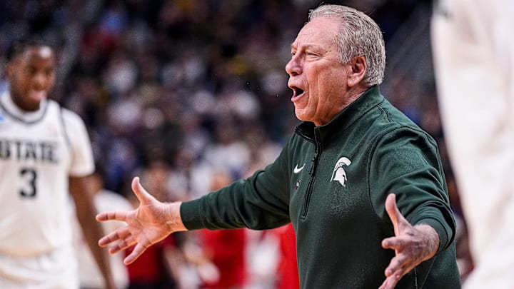 Michigan State head coach Tom Izzo reacts to a play against Louisville during the first half of NCAA Tournament Second Round at KeyBank Center in Buffalo on Saturday, March 21, 2026. Michigan State head coach Tom Izzo reacts to a play against Louisville during the first half of NCAA Tournament Second Round at KeyBank Center in Buffalo on Saturday, March 21, 2026.