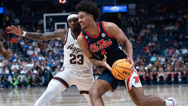 Mississippi Rebels forward Jaemyn Brakefield (4) drives to the hoop against Texas A&M Aggies