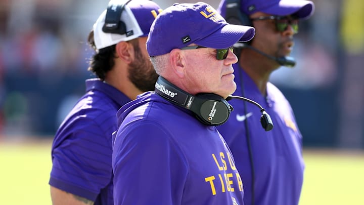 Sep 27, 2025; Oxford, Mississippi, USA; LSU Tigers head coach Brian Kelly looks on during the first quarter against the Mississippi Rebels at Vaught-Hemingway Stadium. Mandatory Credit: Petre Thomas-Imagn Images