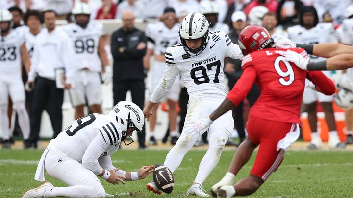Sep 26, 2026; Ames, Iowa, USA; Iowa State Cyclones kicker Kyle Konrardy (97) kicks a field goal against the Utah Utes at Jack Trice Stadium. Mandatory Credit: Reese Strickland-Imagn Images Sep 26, 2026; Ames, Iowa, USA; Iowa State Cyclones kicker Kyle Konrardy (97) kicks a field goal against the Utah Utes at Jack Trice Stadium. Mandatory Credit: Reese Strickland-Imagn Images