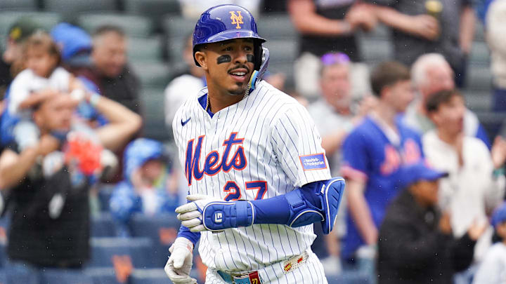 May 28, 2025; New York, New York, USA; New York Mets third baseman Mark Vientos (27) celebrates after hitting a home run during the third inning against the Chicago White Sox at Citi Field. Mandatory Credit: Lucas Boland-Imagn Images