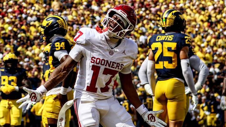 Oklahoma wide receiver Mackenzie Alleyne celebrates after scoring a touchdown against Michigan. Oklahoma wide receiver Mackenzie Alleyne celebrates after scoring a touchdown against Michigan.