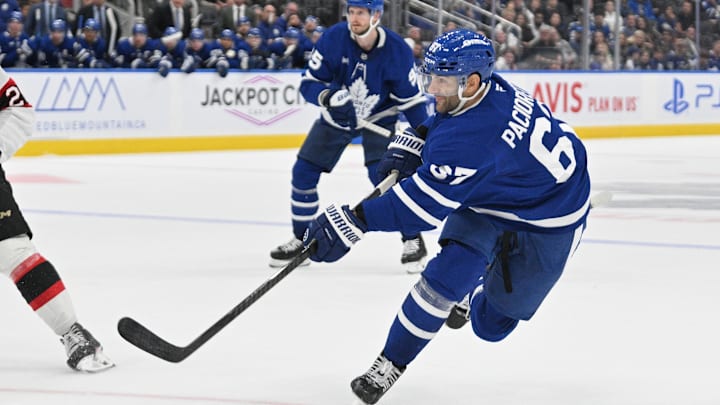 Sep 22, 2024; Toronto, Ontario, CAN; Toronto Maple Leafs forward Max Pacioretty (67) shoots the puck against the Ottawa Senators in the third period at Scotiabank Arena. Mandatory Credit: Dan Hamilton-Imagn Images Sep 22, 2024; Toronto, Ontario, CAN; Toronto Maple Leafs forward Max Pacioretty (67) shoots the puck against the Ottawa Senators in the third period at Scotiabank Arena. Mandatory Credit: Dan Hamilton-Imagn Images