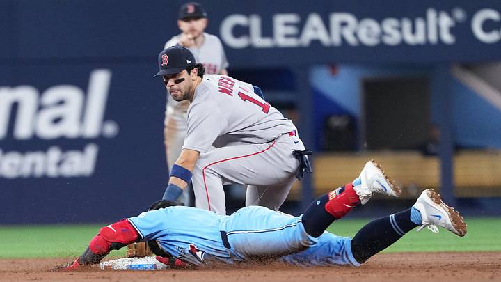 Apr 28, 2026; Toronto, Ontario, CAN; Toronto Blue Jays third baseman Kazuma Okamoto (7) is tagged out at second base by Boston Red Sox second baseman Marcelo Mayer (11) during the third inning at Rogers Centre. Mandatory Credit: Nick Turchiaro-Imagn Images