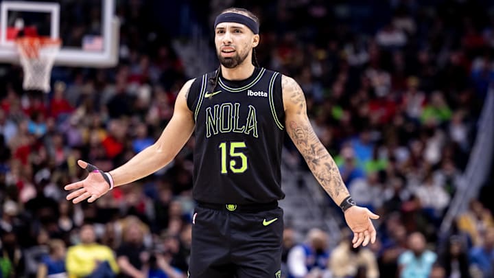 Mar 1, 2024; New Orleans, Louisiana, USA;  New Orleans Pelicans guard Jose Alvarado (15) questions a call against the Indiana Pacers during the first half at Smoothie King Center. Mandatory Credit: Stephen Lew-Imagn Images