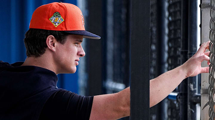 Detroit Tigers pitcher Jackson Jobe watches live batting practice during spring training at TigerTown in Lakeland, Fla. on Wednesday, Feb. 18, 2026. Detroit Tigers pitcher Jackson Jobe watches live batting practice during spring training at TigerTown in Lakeland, Fla. on Wednesday, Feb. 18, 2026.