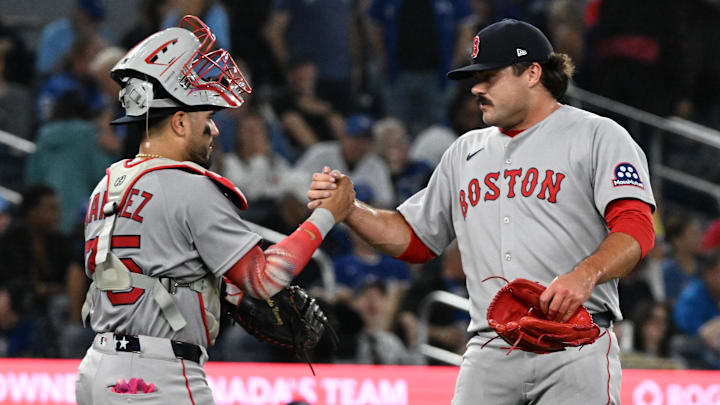 Sep 24, 2025; Toronto, Ontario, CAN; Boston Red Sox catcher Carlos Narvaez (75) and relief pitcher Payton Tolle (70) celebrate a win over the Toronto Blue Jays at Rogers Centre. Mandatory Credit: Dan Hamilton-Imagn Images Sep 24, 2025; Toronto, Ontario, CAN; Boston Red Sox catcher Carlos Narvaez (75) and relief pitcher Payton Tolle (70) celebrate a win over the Toronto Blue Jays at Rogers Centre. Mandatory Credit: Dan Hamilton-Imagn Images