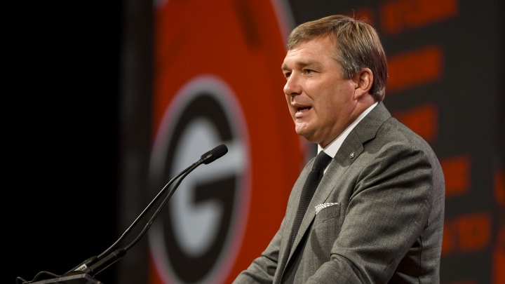 Jul 18, 2023; Nashville, TN, USA;  Georgia Bulldogs head coach Kirby Smart speaks with the media during SEC Media Days at Grand Hyatt. Mandatory Credit: Steve Roberts-USA TODAY Sports