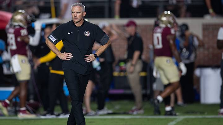 Florida State football coach Mike Norvell stands on the field during warmups before his team faced SMU at Doak Campbell Stadium on Monday, Sept. 7, 2026.